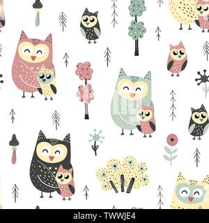 Seamless pattern with cute owls - mother and baby. Forest vector illustration Stock Vector