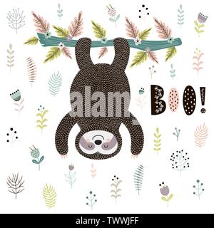 Boo! Cute print with a sloth hanging from the tree. Vector illustration Stock Vector