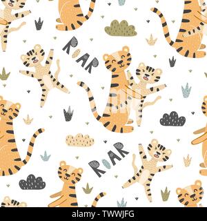 Cute tigers mother and baby seamless pattern. Roar funny background. Vector illustration Stock Vector