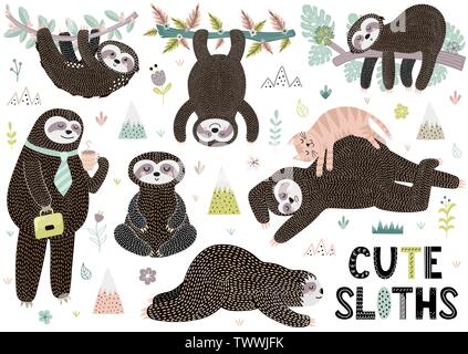 Cute sleeping sloths collection with mountains, plants and flowers. Funny characters in different poses. Vector illustration Stock Vector