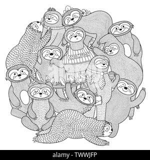 Funny sloths circle shape pattern for coloring book. Vector illustration Stock Vector