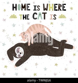 Home Is Where The Cat Is. Cute print with a sleeping sloth. Funny background also great for cards. Vector illustration Stock Vector