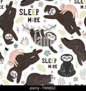 Seamless pattern with cute sloths. Background with funny sloths, leaves, brunch. Vector illustration Stock Vector