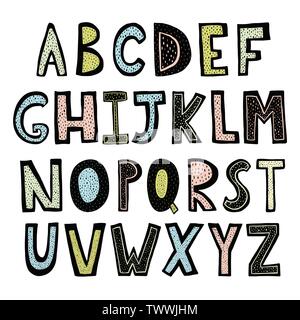Funny hand drawn alphabet. Poster with hand drawn letters in scandinavian style. Vector illustration Stock Vector