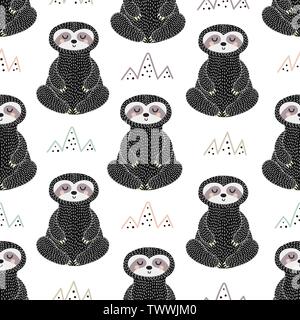 Meditating sloth seamless pattern. Sleepy background. Vector illustration Stock Vector
