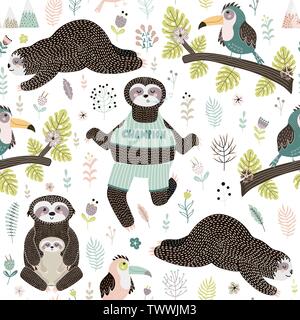 Tropical seamless pattern with sloths and bird sitting on the branch. Vector illustration Stock Vector