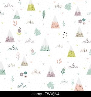Cute mountains, plants and flower landscape seamless pattern. Cartoon background for kids. Vector illustration Stock Vector