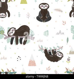 Cute sloth on the branch seamless pattern. Vector illustration Stock Vector