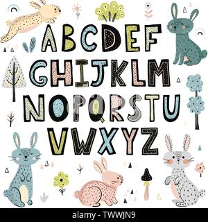 Alphabet with cute rabbits. Hand drawn letters from A to Z. Vector illustration Stock Vector