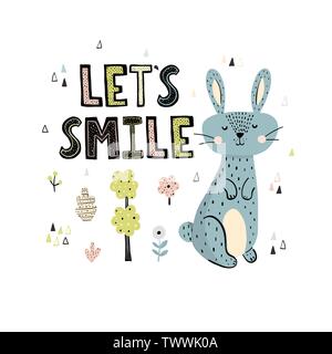 Let’s Smile print with a cute rabbit and lettering in scandinavian style. Vector illustration Stock Vector