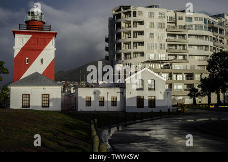 South Africa's Green Point Lighthouse in the Cape Town Atlantc coastal suburb of Mouille Point became operational on 12 April 1824 and remains so Stock Photo