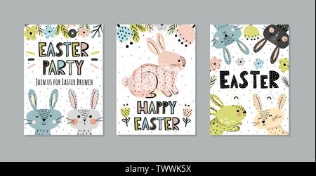 Cute Easter invitations and greeting cards set with funny bunnies in scandinavian style. Vector illustration