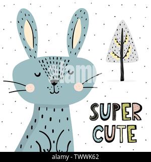 Super cute print with funny bunny in scandinavian style. Hand drawn vector illustration for cards, t-shirts, posters Stock Vector