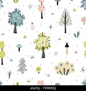 Fantasy forest seamless pattern. Scandinavian background. Vector illustration Stock Vector
