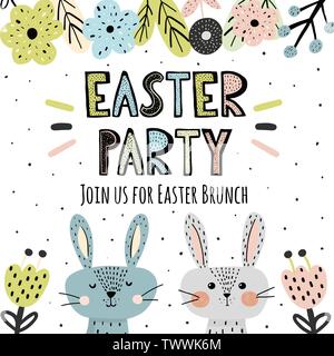 Easter Party invitation with cute bunnies in scandinavian style. Vector illustration Stock Vector