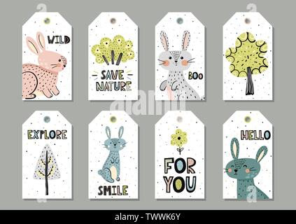 Cute rabbits gift tags set in scandinavian style. Vector illustration Stock Vector