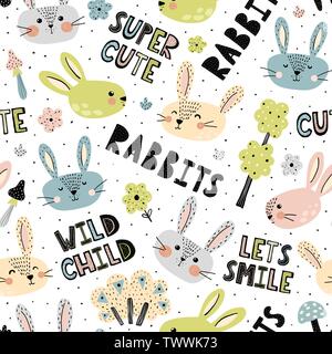 Seamless pattern with cute rabbits and hand drawn lettering. Vector illustration Stock Vector