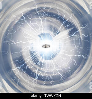 Spiritual composition. The Eye of God with bright white wings and lightnings Stock Photo