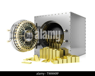Bank safe deposit box and opened bank vault door revealing gold bars, 3D Rendering Stock Photo