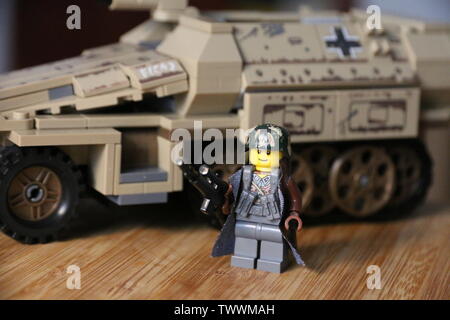 LEGO custom MOC WWII German soldier on a Sd.Kfz 251 halftrack. Stock Photo