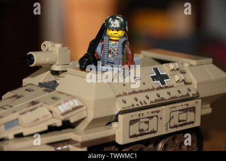 LEGO custom MOC WWII German soldier on a Sd.Kfz 251 halftrack. Stock Photo