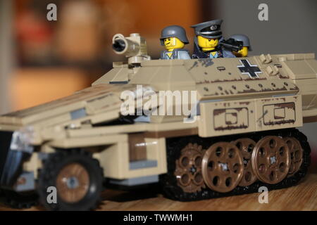 LEGO custom MOC WWII German soldier on a Sd.Kfz 251 halftrack. Stock Photo