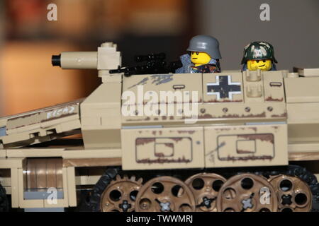 LEGO custom MOC WWII German soldier on a Sd.Kfz 251 halftrack. Stock Photo