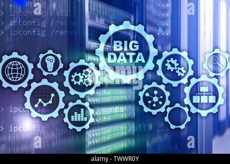 Big Data Concept of hi tech and innovation in business and production. Virtual screen on data center server background. Stock Photo