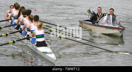 FILES: Belfast's youngest Lord Mayor Councillor Niall Ó Donnghaile joins Queen's University men's Captain Charlie Cunningham as they support the Queen's University Rowing team during practice on the River Lagan, Belfast, Northern Ireland, June 8th, 2011. This year’s Ramada Plaza Belfast University Boat Race will take place on the River Lagan Saturday, June 11th, and will be an all Ireland affair with crews from University College Cork and Trinity College Dublin racing against Queen's. the Boat Race is now in the 8th year and has become a fixture in Irish Rowing, giving Stock Photo