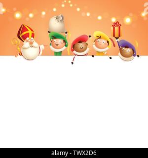 Saint Nicholas and helpers on board - happy cute characters celebrate Dutch holidays - vector illustration on orange background with lights Stock Vector