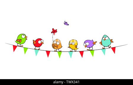 Funny Birds on bunting flags celebrate spring - colorful hand drawn vector illustration Stock Vector
