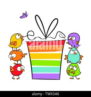 Funny birds one on another opening colorful gift - birthday celebration illustration isolated on white background Stock Vector