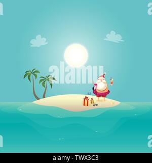 Santa Claus with inflatable swim float on siland celebrate summer - christmas in june Stock Vector