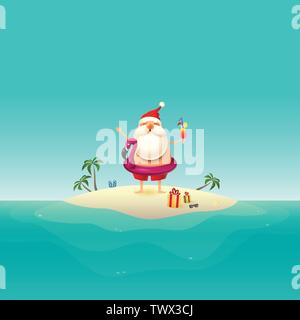 Santa Claus on sandy island at ocean with inflatable flamingo float Stock Vector