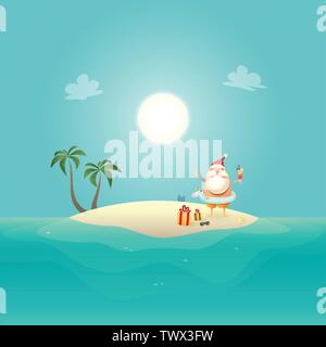 Santa Claus with Unicorn swim ring celebrate summer at sandy island - Christmas in June background Stock Vector