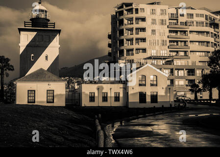 South Africa's Green Point Lighthouse in the Cape Town Atlantc coastal suburb of Mouille Point became operational on 12 April 1824 and remains so Stock Photo