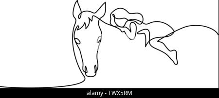 Continuous One Line Drawing Small Girl Riding A Horse Black And