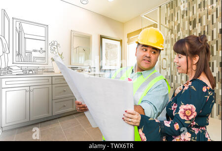 Hispanic Male Contractor Talking with Female Client Over Blueprint Plans In Front of Bathroom Drawing Gradating to Photo. Stock Photo