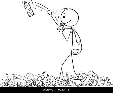 Vector cartoon stick figure drawing conceptual illustration of hiker or man with backpack hiking or walking in nature full of waste and trash, and throwing plastic bottle away. Stock Vector