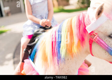 Little girl riding a unicorn at the little girl birthday party. Stock Photo