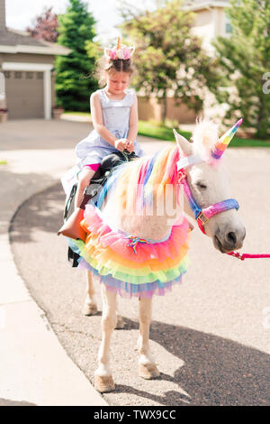 Little girl riding a unicorn at the little girl birthday party. Stock Photo