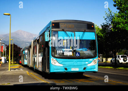 SANTIAGO, CHILE - OCTOBER 2014: Transantiago buses on a bus stop Stock Photo