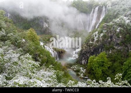 Rare snow in spring (May), Plitvice Lakes National Park, Croatia Stock Photo