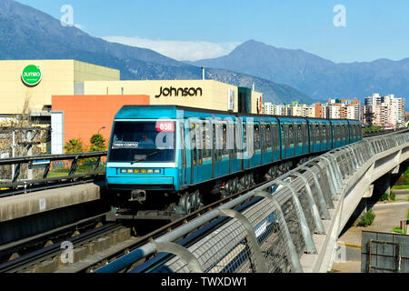 SANTIAGO, CHILE - OCTOBER 2015: Metro de Santiago NS93 train entering Pedrero station of Line 5 Stock Photo