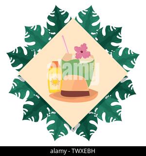 cocktail hat and sunblock badge leaves tropical summer vector illustration Stock Vector