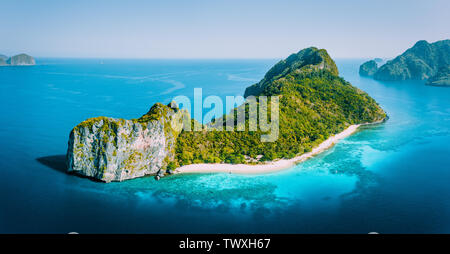 Early Morning drone Aerial Panorama view of Helicopter Island in the Bacuit Bay in El Nido, Palawan, Philippines Stock Photo