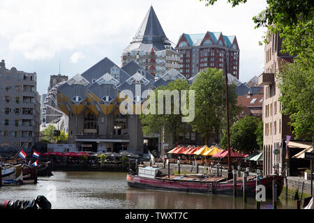 Oudehaven with the Cube houses, bars and cafes surrounding the harbour, Rotterdam, The Netherlands Stock Photo