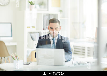Serious busy young businessman with beard sitting at desk in office and working with laptop Stock Photo