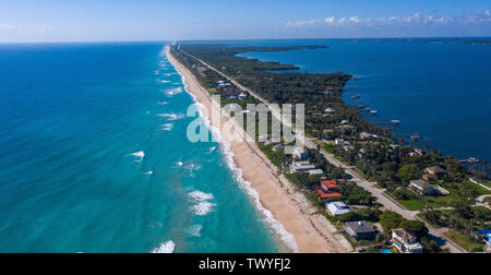 The southern end of Brevard County ends at Sebastian Inlet in the distance Stock Photo