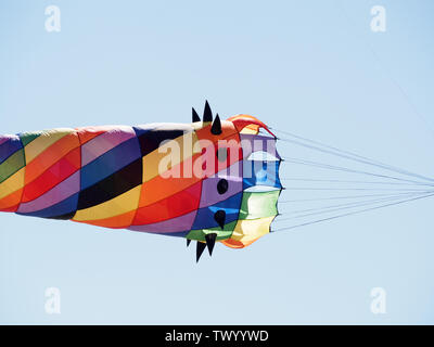 A multi-colored kite flying above a Port Aransas, Texas USA  beach. Stock Photo